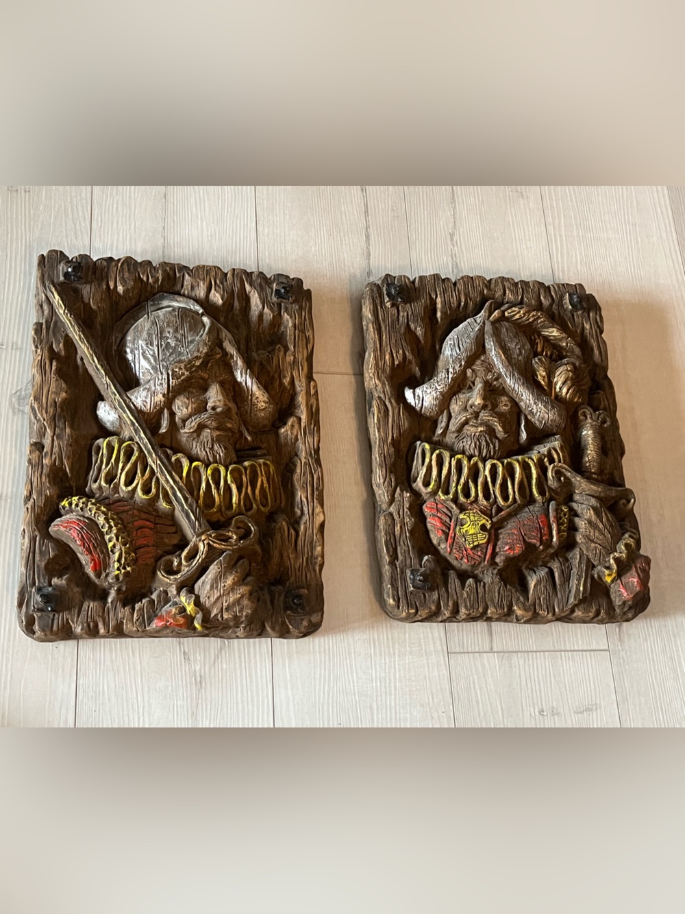 Homco Brown Medieval Knight Wall Plaques with Red & Gold Accents, MCM Faux Wood